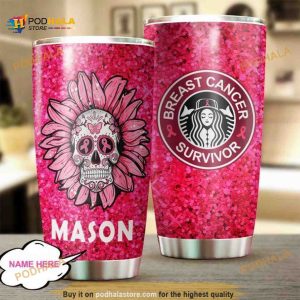 Personalized Breast Cancer Survivor Sunflower Sugar Skull Custom Coffee Tumbler