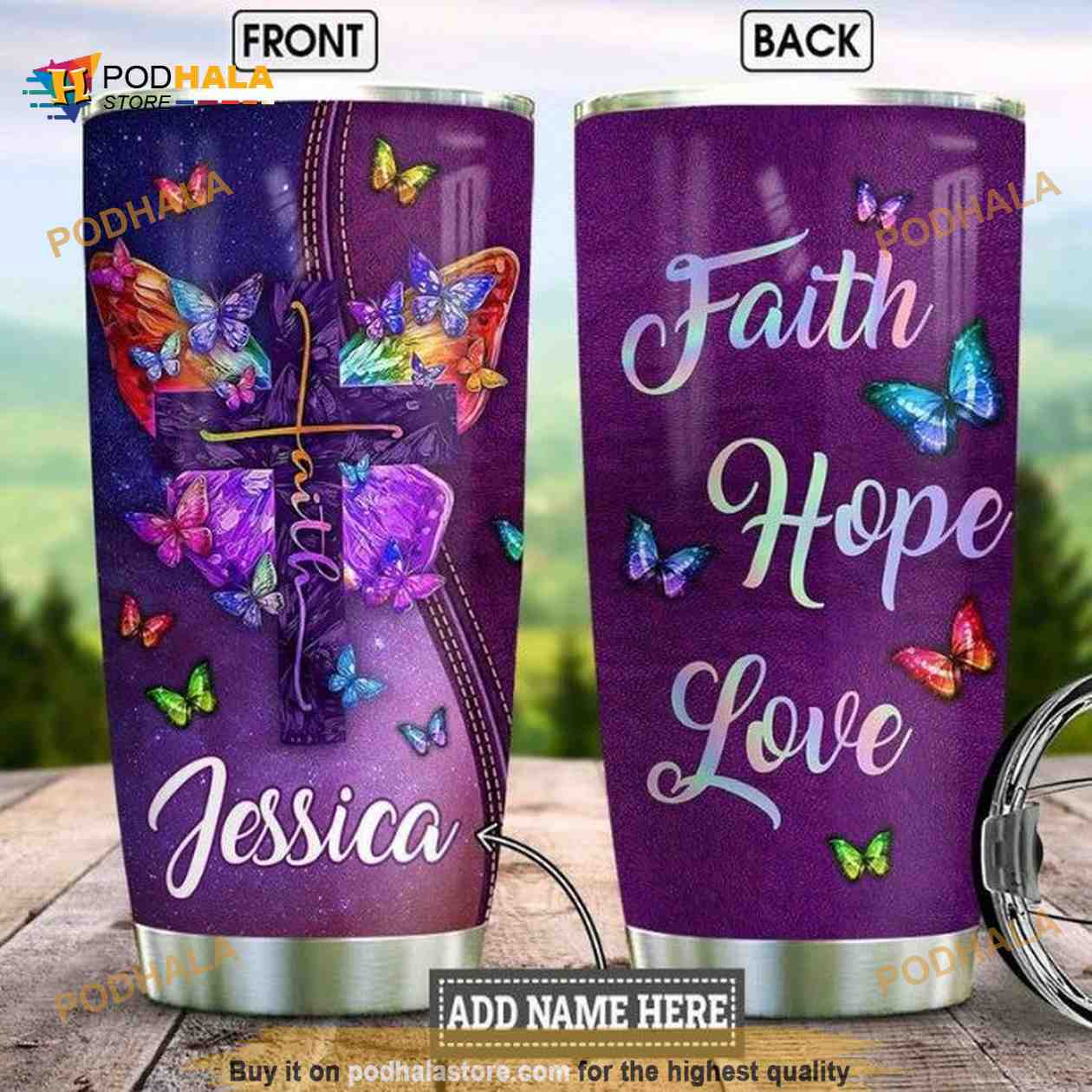 Faith Love Hope Purple Butterfly 20 oz insulated tumbler with lid and straw