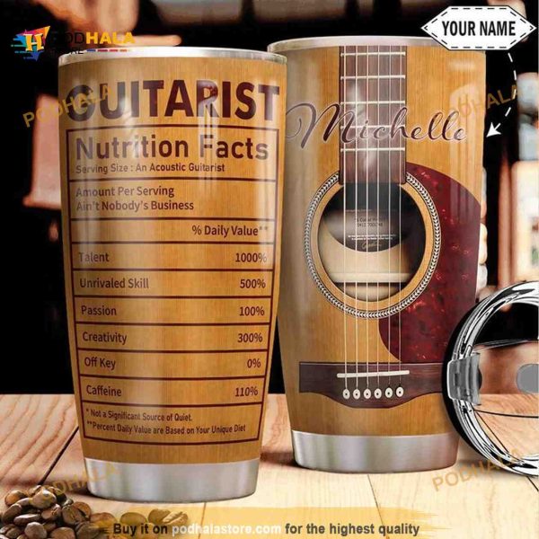 Personalized Guitarist Nutrition Facts Printed Custom Coffee Tumbler