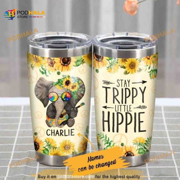 Personalized Name Hippie Elephant Stay Trippy Little Sunflower Travel Tumbler
