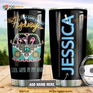 Personalized Name Hippie Flamingo Cool Wind In My Hair Travel Tumbler