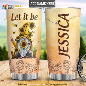 Personalized Name Hippie Sunflower Gnome Let It Be Travel Tumbler, Hippe Gift