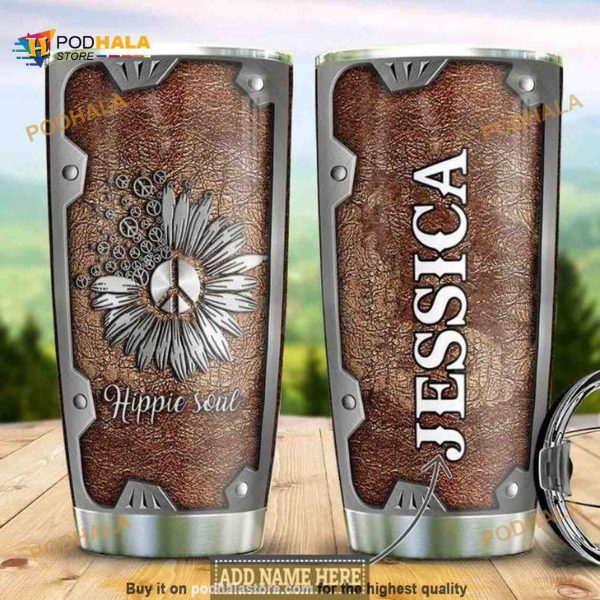 Personalized Name Hippie Sunflower Metal Leather Style Travel Tumbler, Hippe Gift
