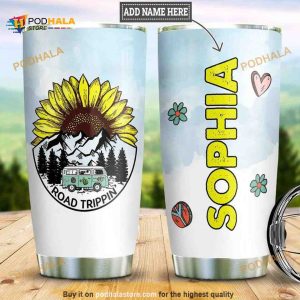 Personalized Name Hippie Sunflower Road Trippin Travel Tumbler, Hippe Gift