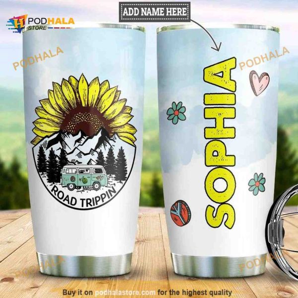 Personalized Name Hippie Sunflower Road Trippin Travel Tumbler, Hippe Gift