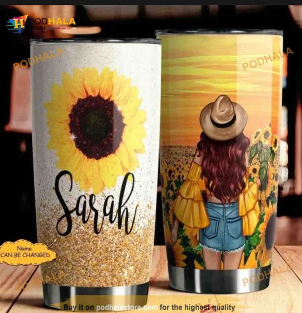 Personalized Name Sunflower Girl Gift For Lovers Travel Custom Coffee Tumbler