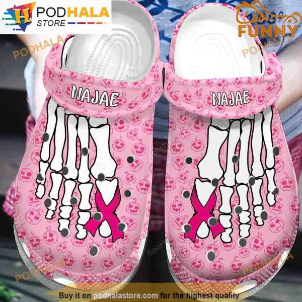 Personalized Pink Ribbon Skeleton 3D Funny Crocs