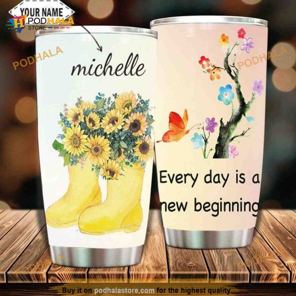Personalized Rain Boots And Flowers Gift Travel Custom Coffee Tumbler