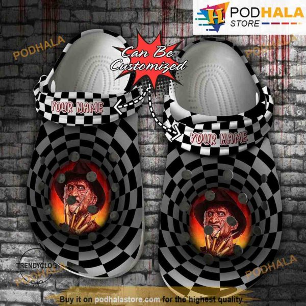 Personalized Scary Freddy Krueger 3D Funny Crocs Halloween, Checkered Tunnel