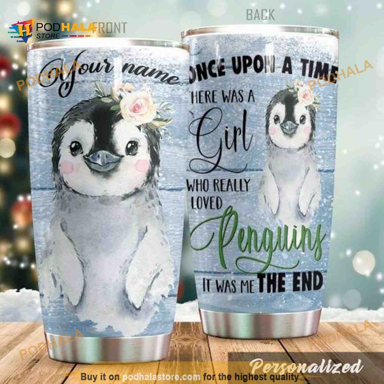 Custom Christmas Penguins Double Wall Tumbler with Straw (Personalized)