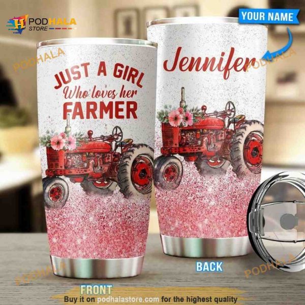 Personalizedzied Just A Girl Who Loves Her Farmer Glitter Tractor 3D Custom Coffee Tumbler