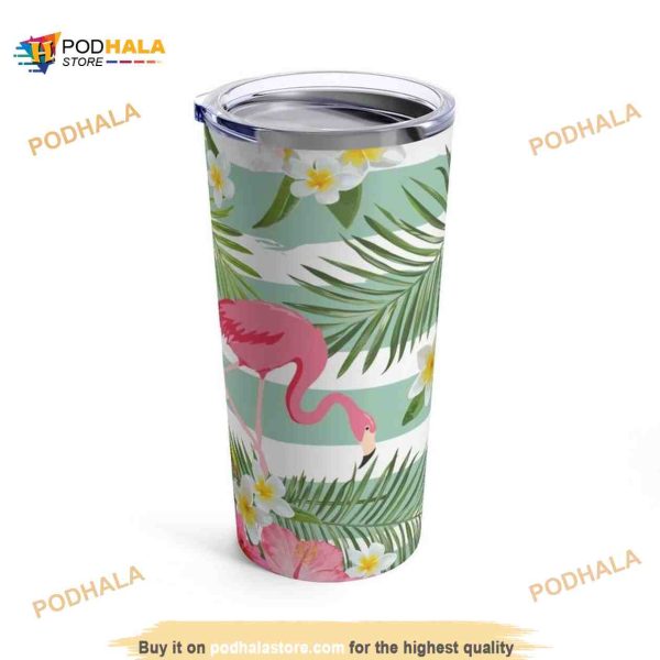 Pink Flamingo With Flowers Gift Travel Coffee Tumbler