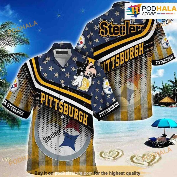 Pittsburgh Steelers NFL Hawaiian Shirt, Mickey American Flag Printed 3D Shirt Gift