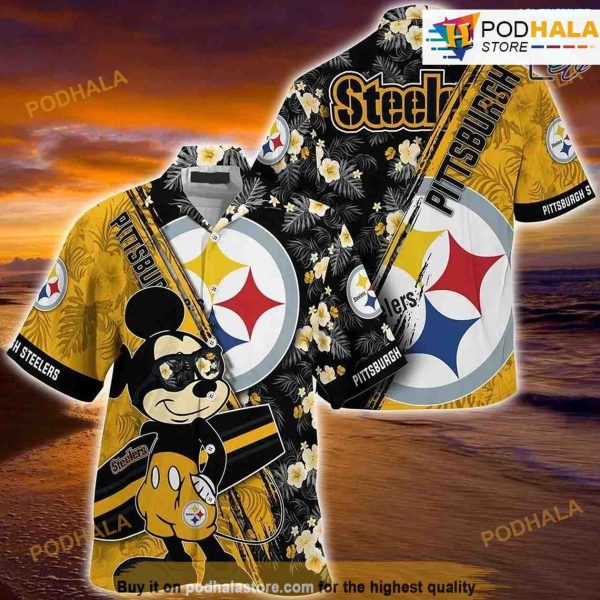 Pittsburgh Steelers NFL Hawaiian Shirt, Mickey Print Floral Pattern summer For Sports Fans