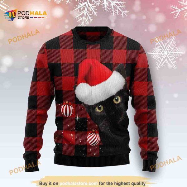 Plaid Pattern Black Cat 3D Funny Ugly Sweater