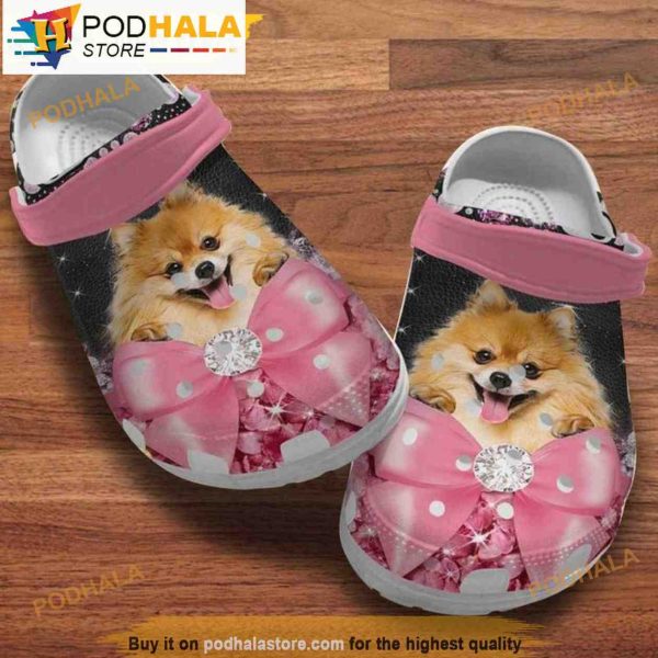 Pomeranian Puppy Pink Bow Diamond Pattern Birthday Dog 3D Funny Crocs