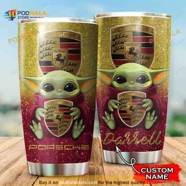 Porsche Baby Yoda Custom Name Gift Travel Coffee Tumbler