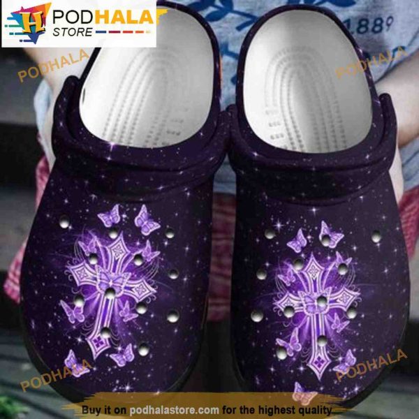 Purple Butterfly Flying Around Cross 3D Funny Crocs