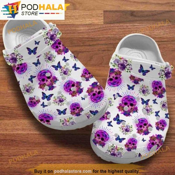 Purple Sugar Skulls And Butterfliess Bone 3D Funny Crocs
