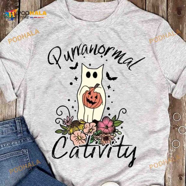 Purranormal Cativity Boo Cat Haunted Pumpkin Flowers Halloween Shirt