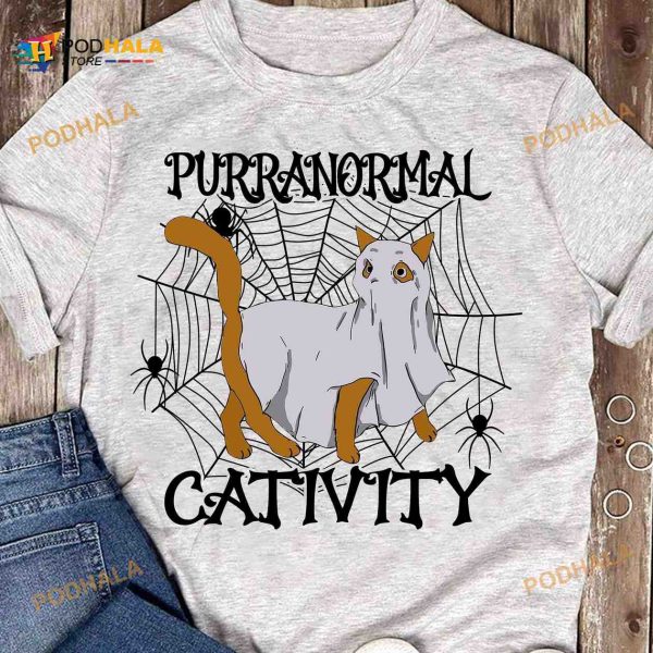 Purranormal Cativity Halloween Cat Costume, White Boo Costume Cat Shirt