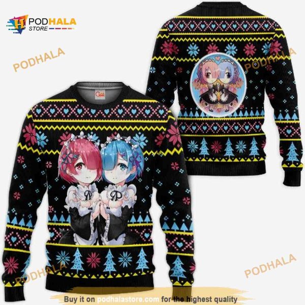 Re Zero Rem Ram Anime Xmas Ugly Christmas Sweater