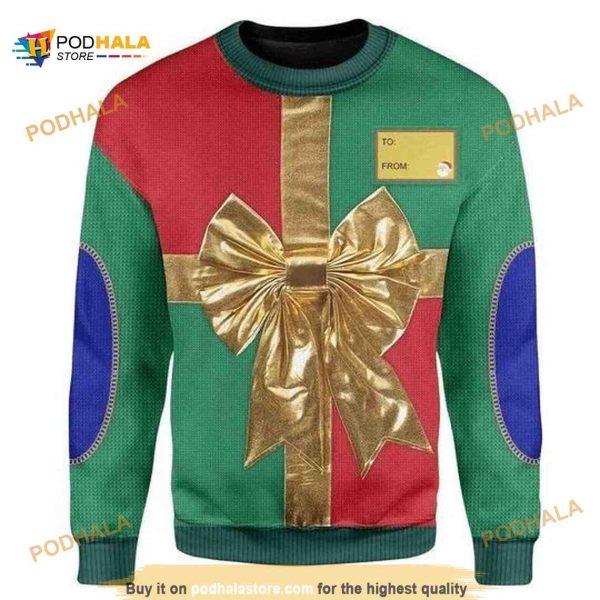 Red And Green Christmas Box With Golden Ribbon 3D Funny Ugly Sweater