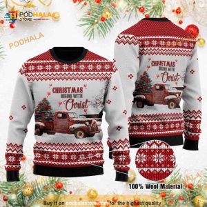Red Bird Cardinal Begins With Christ 3D Funny Ugly Christmas Sweater
