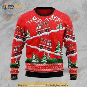Red Firefighter Riding On Ice Road In Winter 3D Funny Ugly Sweater