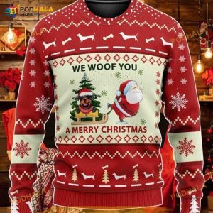 Rottweiler Santa Claus We Woof You A Merry Christmas Ugly Dog Face New Year Eve Holiday Sweater