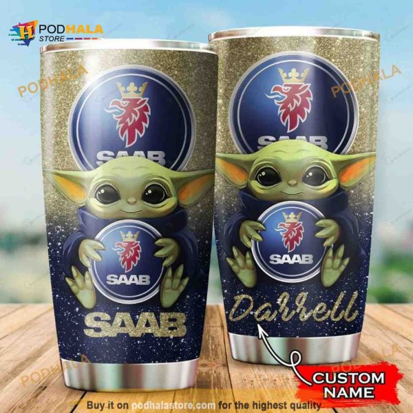Saab Baby Yoda Custom Name Gift Travel Coffee Tumbler