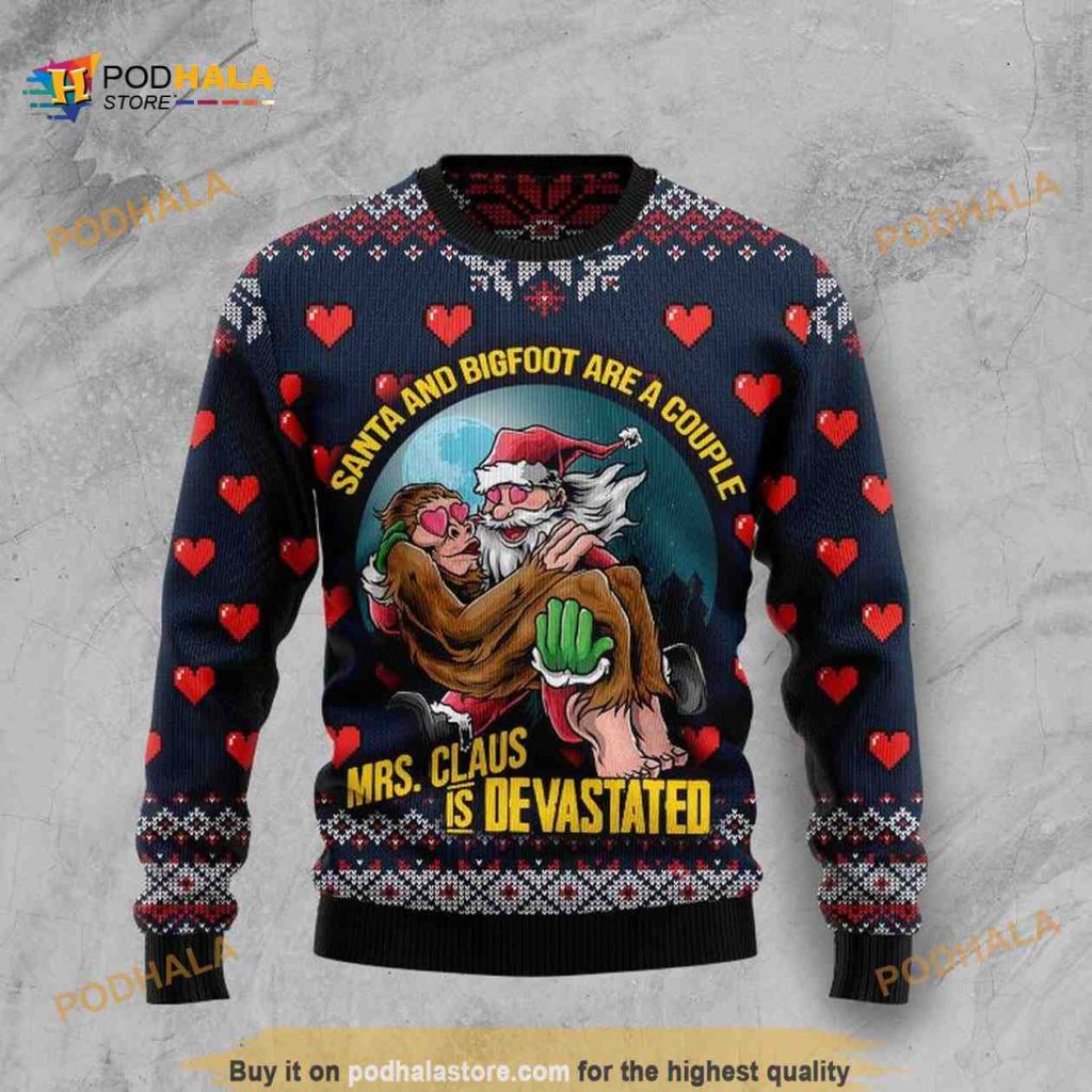Santa And Bigfoot Are A Couple 3D Funny Ugly Christmas Sweater