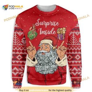 Santa Claus Suprise Inside Presents All Over Printed Funny Ugly Sweater
