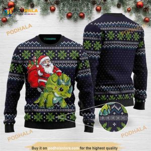 Santa Dinosaur Triceratops All Over Printed Funny Ugly Sweater