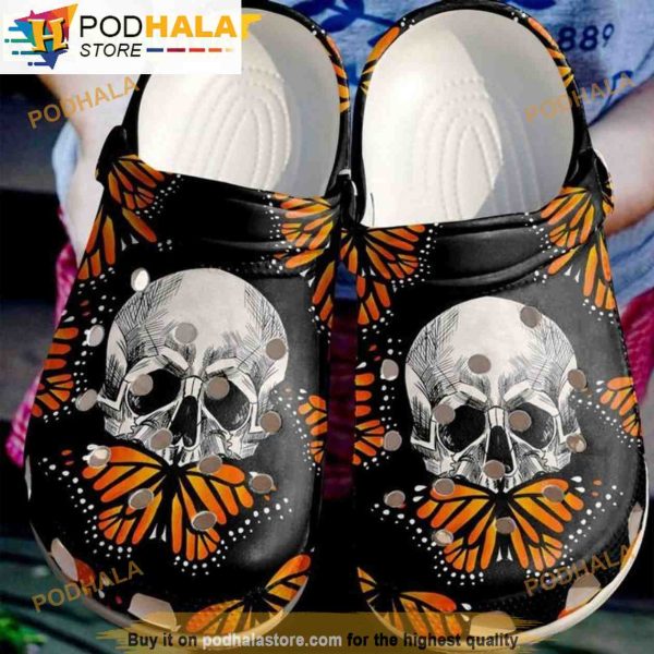 Scary Skull Orange Butterfly 3D Funny Crocs