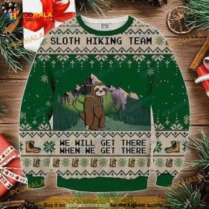 Sloth Hiking Team Green Christmas Wool Sweater