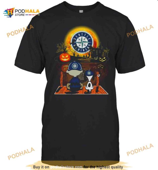 Snoopy And Charlie Brown Pumpkin Seattle Mariners Halloween Moon Shirt