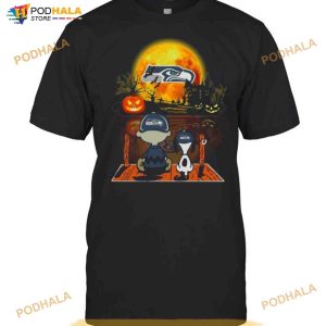 Snoopy And Charlie Brown Pumpkin Seattle Seahawks Halloween Moon Shirt