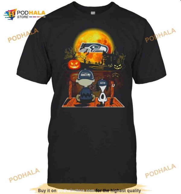 Snoopy And Charlie Brown Pumpkin Seattle Seahawks Halloween Moon Shirt
