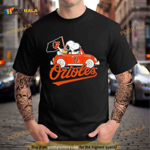 Snoopy Drives Car With Baltimore Orioles Flag Shirt