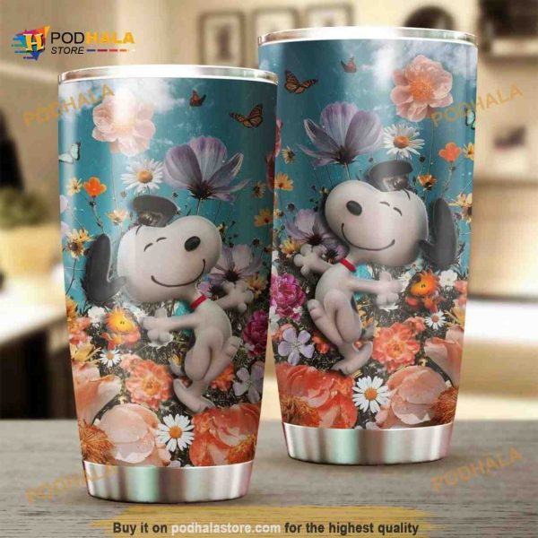 Snoopy With Colorful Flower Gift Travel Coffee Tumbler