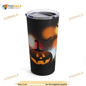 Spooky Happy Halloween With Cute Pumpkin And Bats Coffee Tumbler