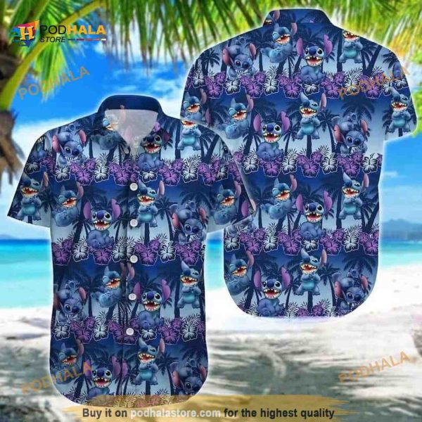 Stitch Hawaiian Shirt, Palm Trees Pattern Gift For Beach Lovers, Disney Aloha Shirt
