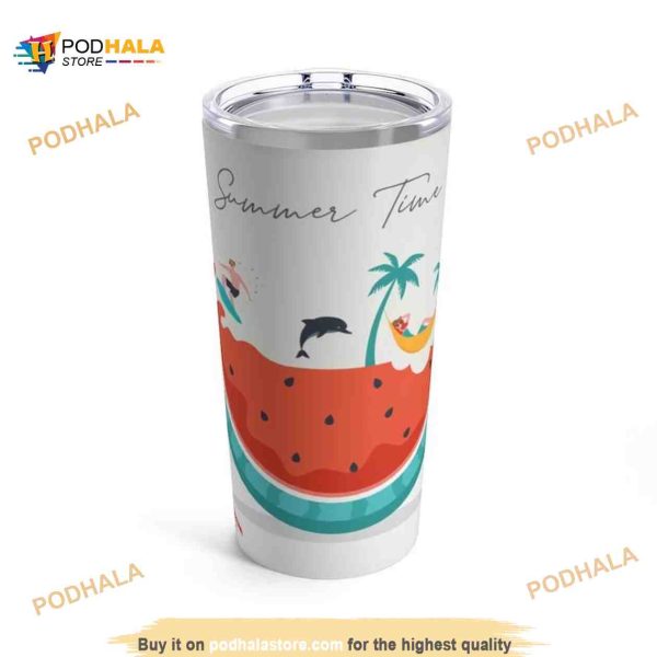 Summer Time Funny Dolphin Surfing Watermelon Coffee Tumbler
