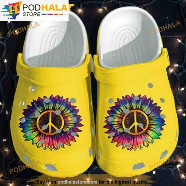 Sunflower Rainbow Hippie Peace Hippie Peace Sunflower Croc Hippie Lovers New Year 3D Funny Crocs Clog Shoes