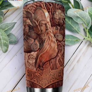 Viking Raven Odin Wood Style Stainless Steel Cup Coffee Tumbler