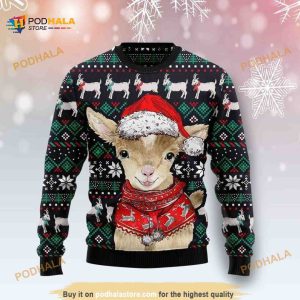 Warm Brown Goat Wear Red Coat Ugly Sweater