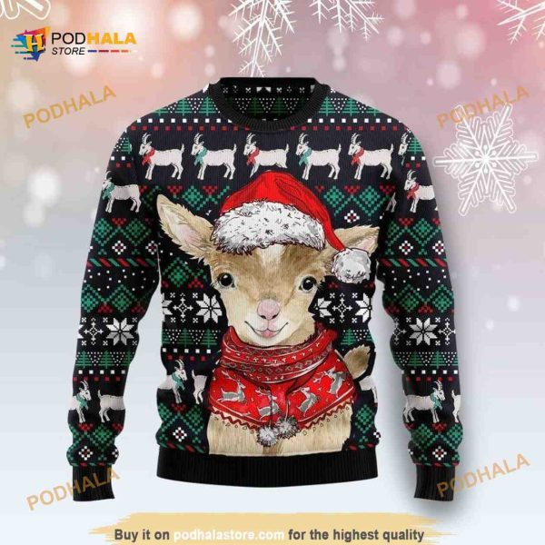 Warm Brown Goat Wear Red Coat Ugly Sweater