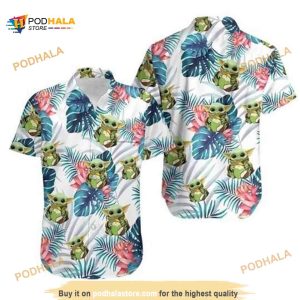 White Aloha Baby Yoda Star Wars Hawaiian Shirt, Palm Leaves Pattern Aloha Shirt