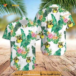 White Aloha Star Wars Baby Yoda Hugging Bananas Tropical Leaves Hawaiian Shirt